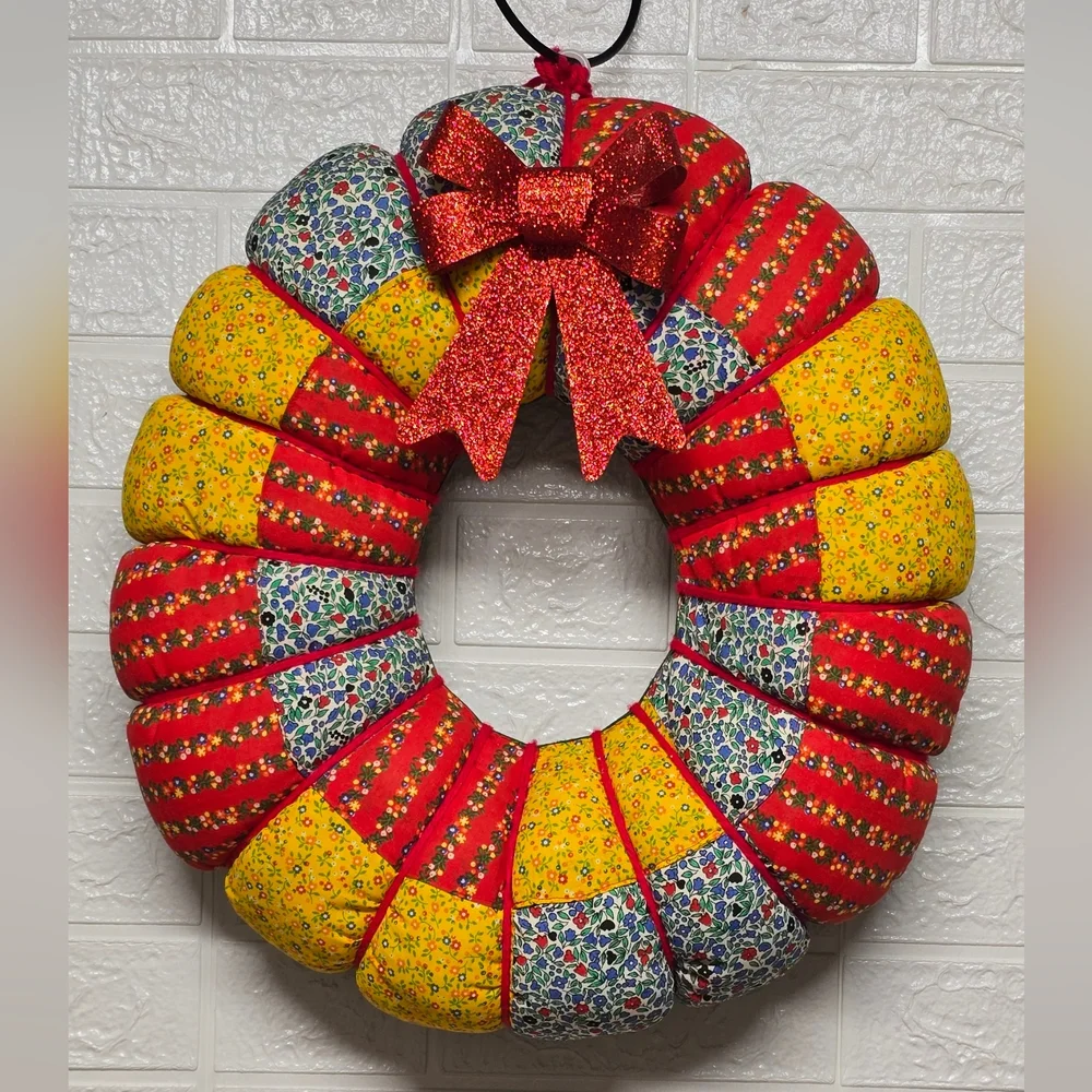 1970's Colorful Retro Patchwork Wreath with Red Glitter Bow